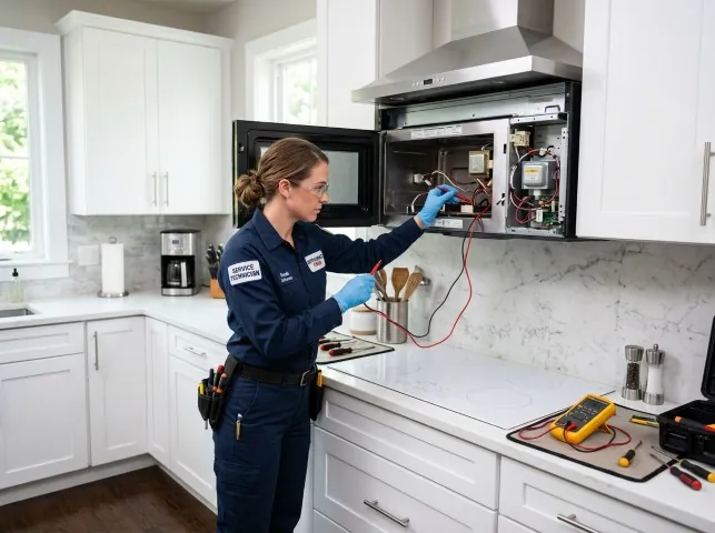 Appliance Repair Hero technician testing an over-the-range microwave in a Arkville, NY kitchen
